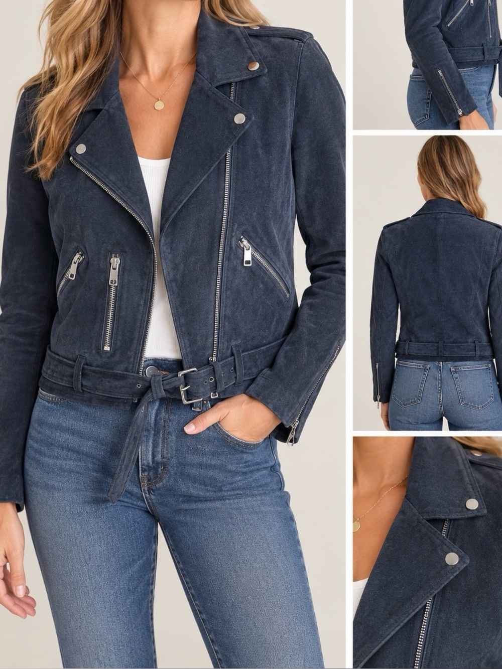 Bagatelle Blue Suede Moto Jacket with Belt Size S